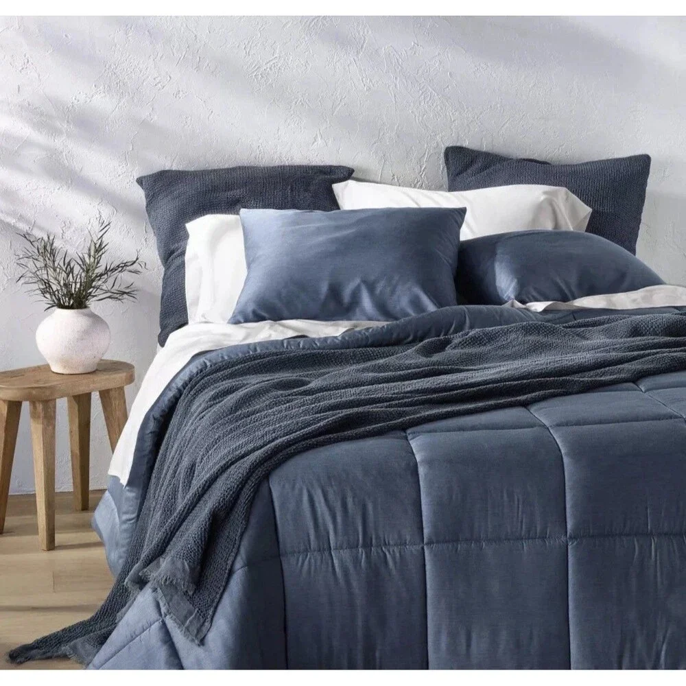Set Of Two Euro Textured Waffle Pillow Sham Dark Mineral Blue - Casaluna NEW